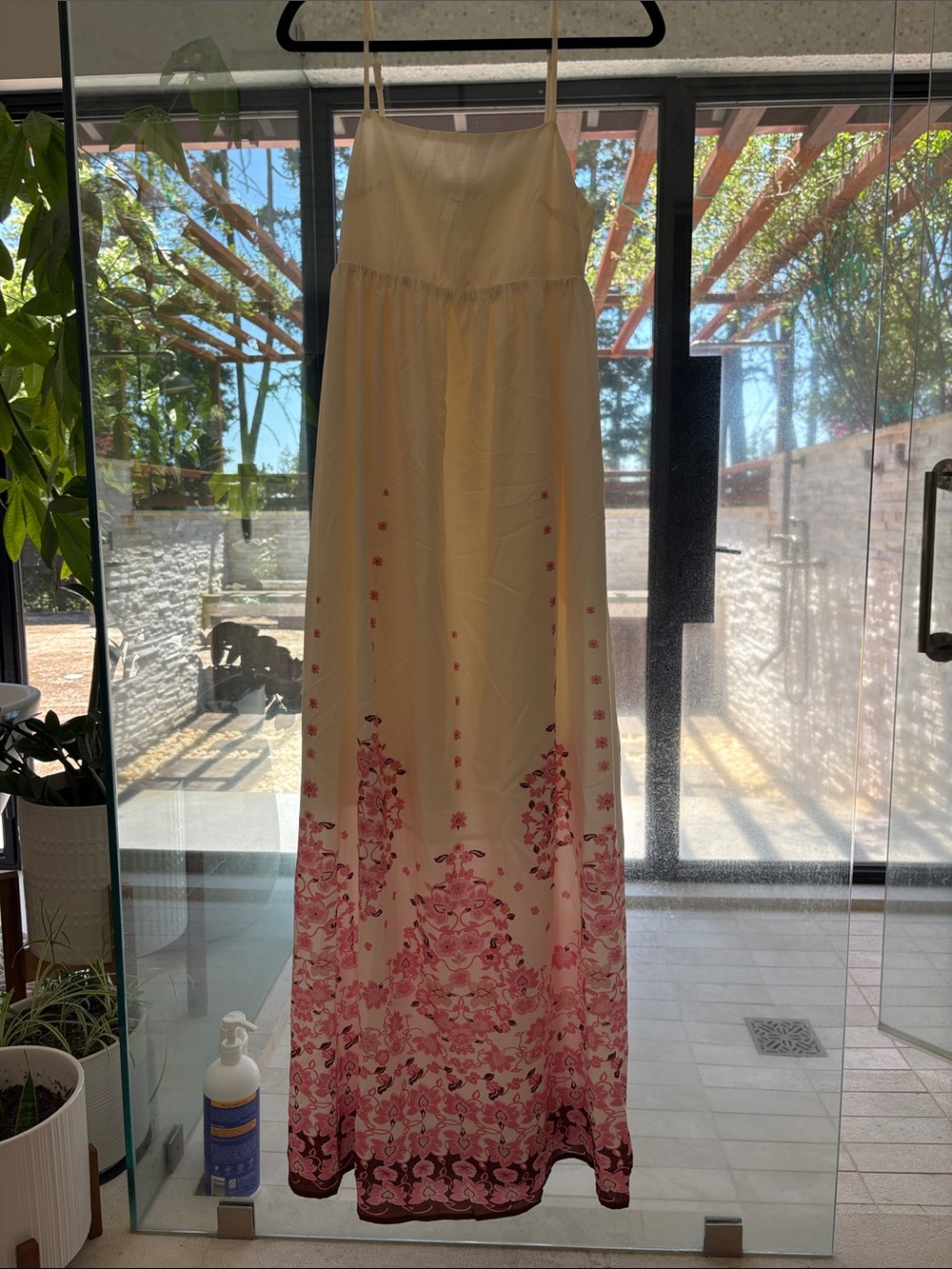 Commense Cream Maxi Dress with Pink Floral Border
